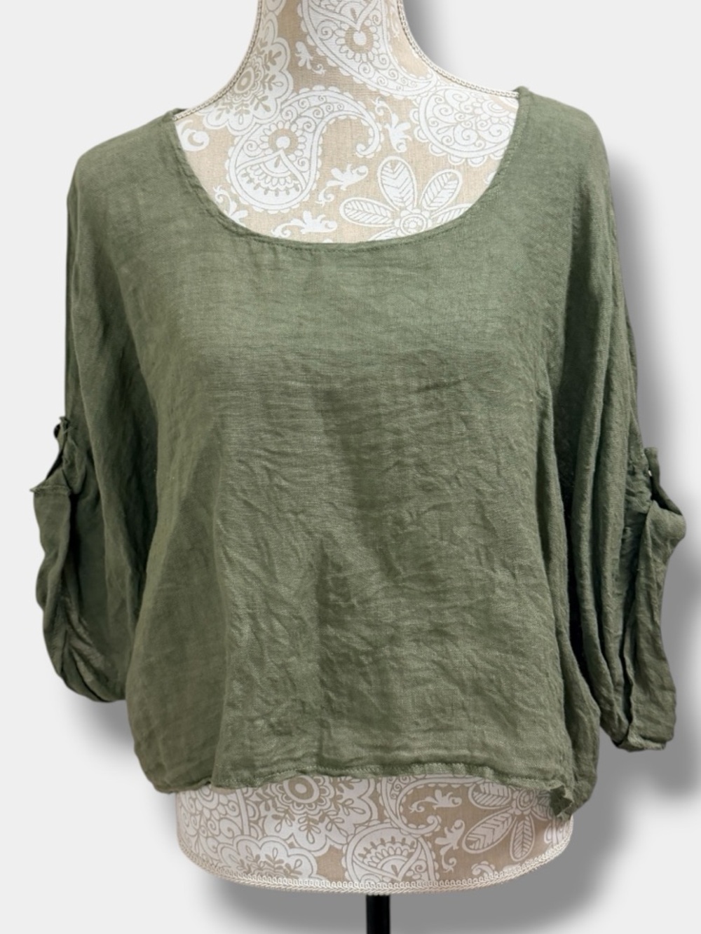 Italian Linen Top Olive Green Oversized Crop Blouse Lagenlook Made Italy